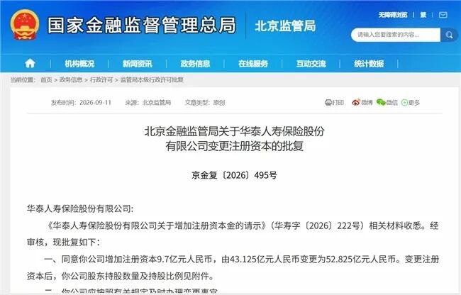 华泰人寿增资9.7亿元 大股东华泰保险集团全额认购