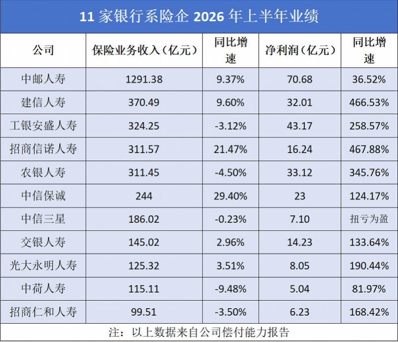 11家银行系寿险上半年净利普涨 两家公司资本承压